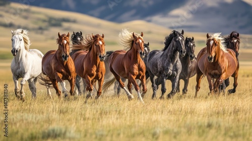 Herd of Horses Running Through Golden Grass Field