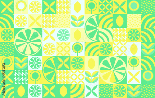 Lemon minimalistic geometric background. Vector abstract style pattern. Bauhaus trend. Abstract illustration of lemon, leaves, symbols. Simple icon.