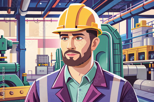 Industrial engineers wearing hard hats working inside a large manufacturing factory, focusing on machinery, teamwork, and safety protocols. Ideal for concepts of industry, production, engineering