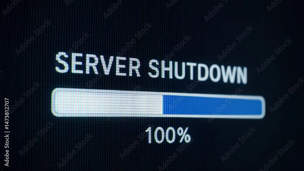Server shutdown progress bar at 100 percent indicating termination of system operation on digital screen with full completion of technology process