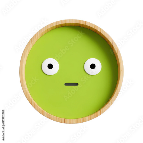 Minimalist green emoji face with wooden frame and expressionless eyes, cut out - stock png.