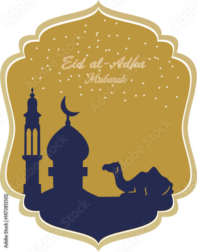 Eid al-Adha celebration. Eid al-Adha greeting card. Eid al-Adha theme camel and mosque. Vector illustration.
