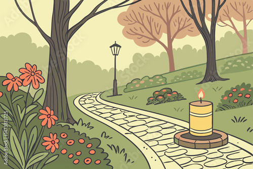 83 autumn colors, vibrant flowers, glowing candle, cobblestone path, tree-lined walkway, lush greenery, dreamy lighting, atmospheric, tranquil landscape