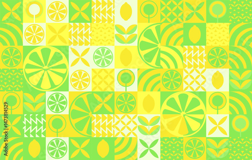 Lemon minimalistic geometric background. Vector abstract style pattern. Bauhaus trend. Abstract illustration of lemon, leaves, symbols. Simple icon.