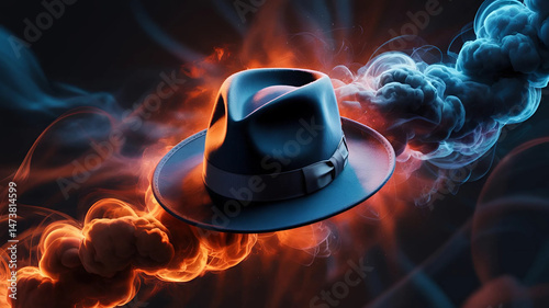 Mysterious Fedora Hat Amidst Swirling Orange and Blue Smoke Abstract Art