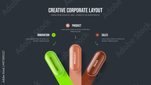 Creative Performance Slideshow Template Vector Illustration. Marketing Proposal 3 Option Diagram Frame Design. Product Solution Three Step Infographic Slide Layout.
