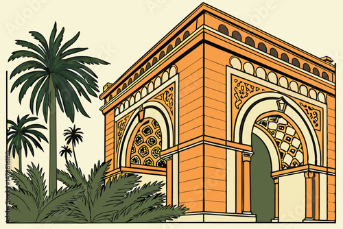 84 intricate architectural structure, ornate arch with decorative patterns, tropical plants and palm trees, geometric shapes and patterns, orange and green color scheme, detailed and realistic 3D rend