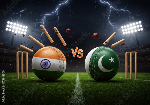 India versus pakistan cricket match concept with balls wickets and lightning in the background