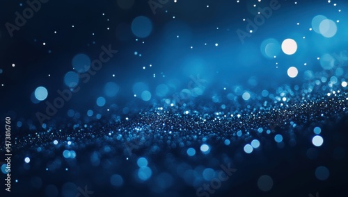 Dark blue backdrop with sparkling glitter.  Blurred, diffused lights create a soft, festive ambiance
