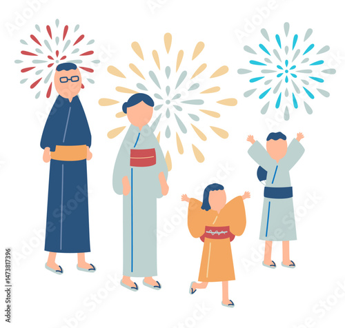 浴衣を着た家族のイラスト