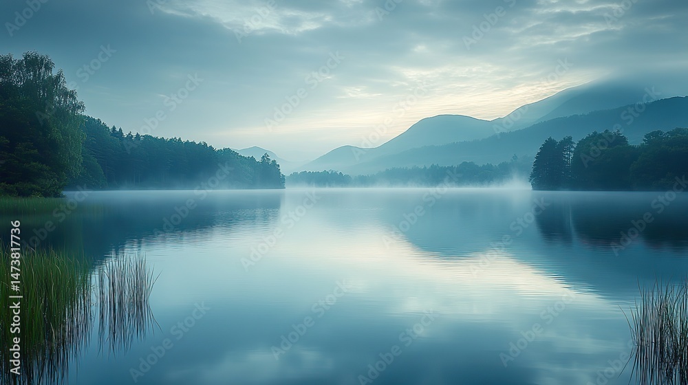 Fototapeta premium Silver mist clings to the surface of a tranquil lake at dawn, partially obscuring the surrounding landscape The air is cool and still