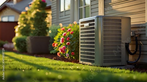 Outdoor Air Conditioning Unit Installed Beside House with Siding, Flower Bed, and Green Lawn in Bright Morning Sunlight

