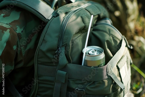 Camouflage backpack with a can