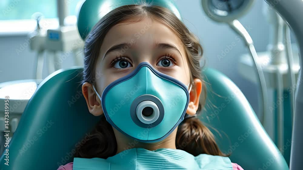 Young Girl Sitting in Dental Chair Wearing Inhalation Sedation Mask Inside Modern Clinic with Dental Equipment in Background
Young Girl Sitting in Dental Chair Wearing Inhalation Sedation Mask Inside Modern Clinic with Dental Equipment in Background