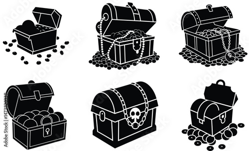 Treasure Chest Full of Coins – Vector Illustration of an Open Loot Box Overflowing with Gold, Riches, and Sparkling Currency for Pirate, Fantasy, Wealth, and Adventure Design Projects