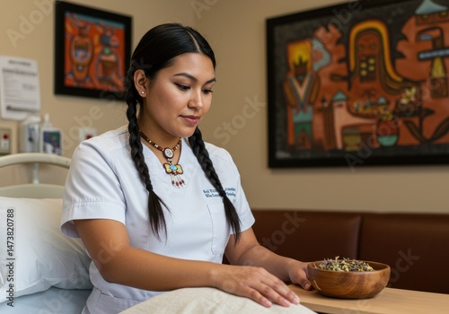 A native american nurse in hospital room with wooden bowl and artwork on the wall behind her