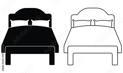 Silhouette of bed, pillow vector sign and symbol design. Double bed icon vector isolated on white background. Out line of bed symbol design wit pillow. Sofa icon isolated on white background.