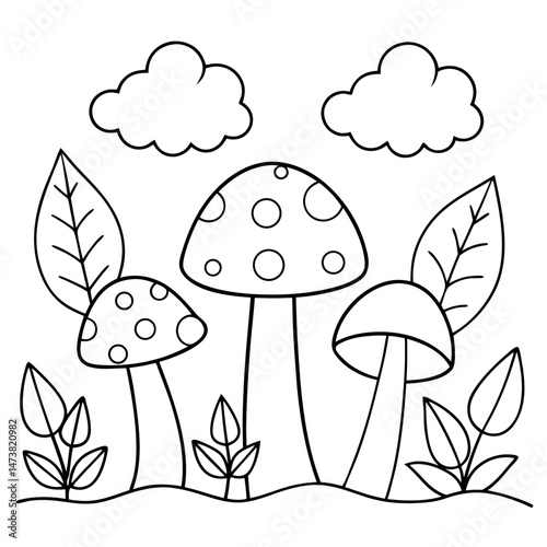 Autumn Forest Mushrooms Outline for Seasonal Coloring Book Page Featuring Woodland Fungi and Nature Elements