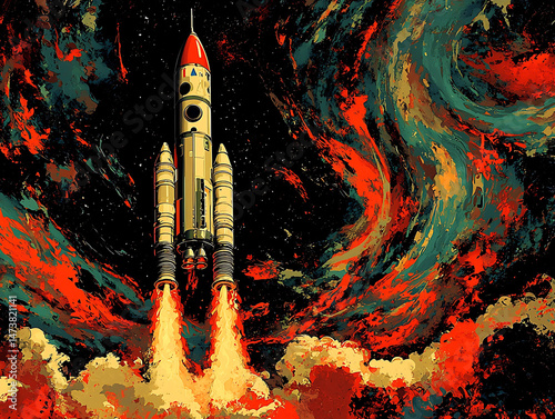 Dynamic artwork depicting a rocket launching into a vibrant, abstract space.