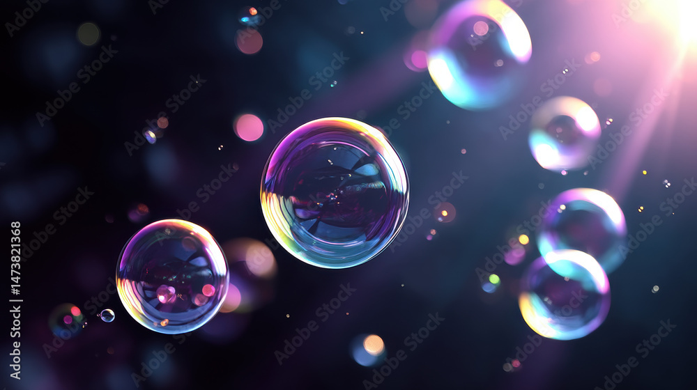 Naklejka premium Colorful soap bubbles floating in dark space with glowing light effects, creating magical and dreamy atmosphere with iridescent reflections and soft bokeh highlights