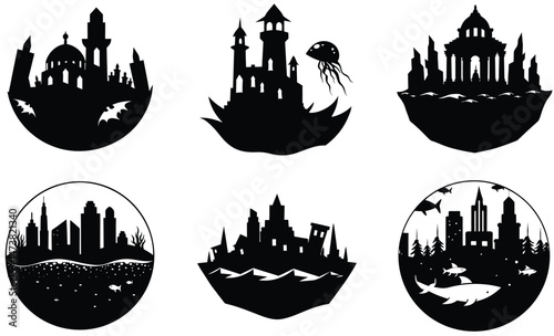 City Underwater Silhouette – Vector Illustration of Submerged Urban Landscape, Sunken Buildings, and Flooded Architecture for Fantasy, Disaster, and Sci-Fi Design Projects