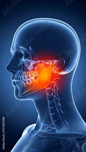 TMJ disorder illustration showing temporomandibular joint pain and dysfunction in a blue anatomical human head medical visualization for healthcare