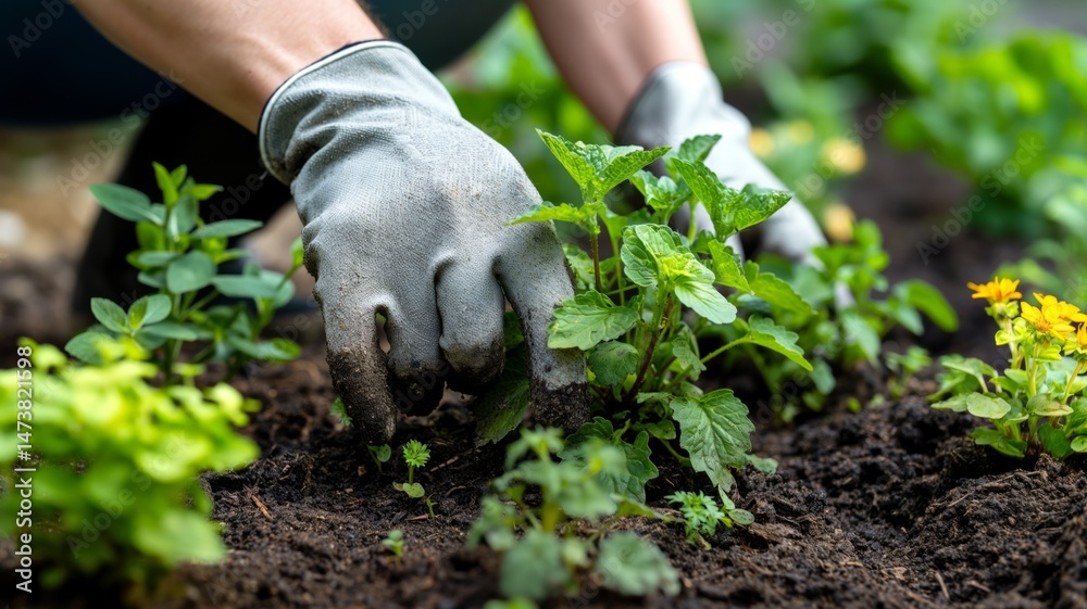Fototapeta premium Hands nurturing young saplings in rich soil for a sustainable garden in a green landscape