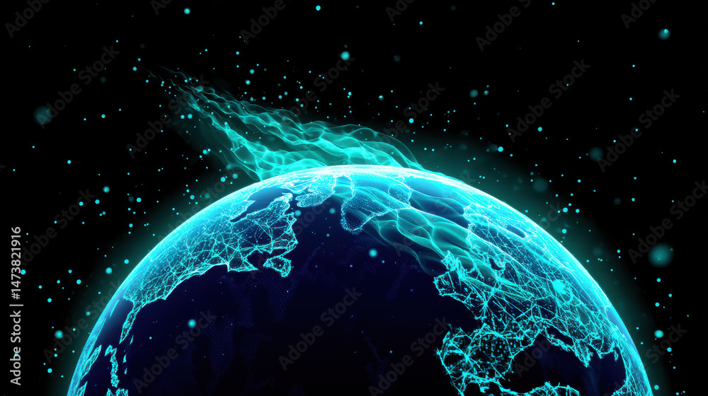 Naklejka premium Digital glowing earth with network connections and flowing energy streams in space, symbolizing global communication and futuristic technology in vibrant blue tone
