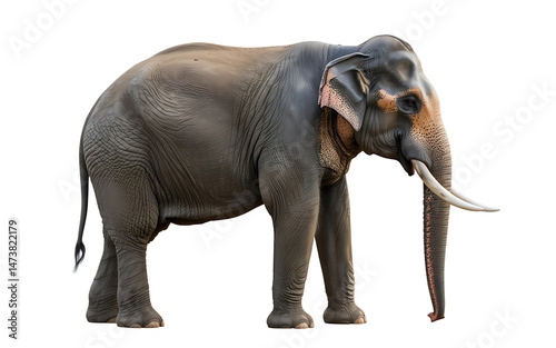 Majestic asian elephant standing sideways with ivory tusks against a transparent background