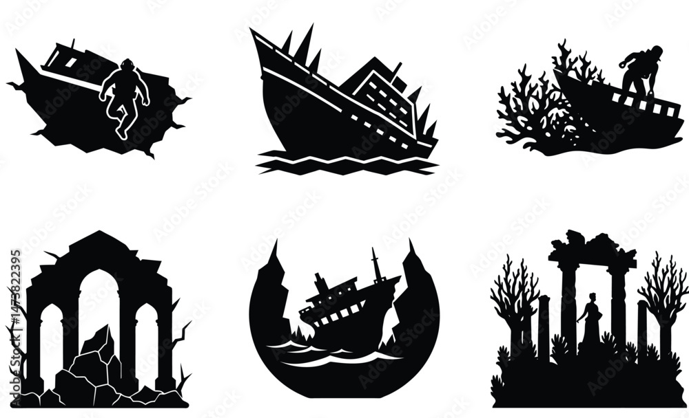 Fototapeta premium Shipwreck Silhouette – Vector Illustration of Sunken Vessel, Ocean Floor Scene, and Nautical Disaster for Marine Exploration, Adventure, and Historical Design Projects