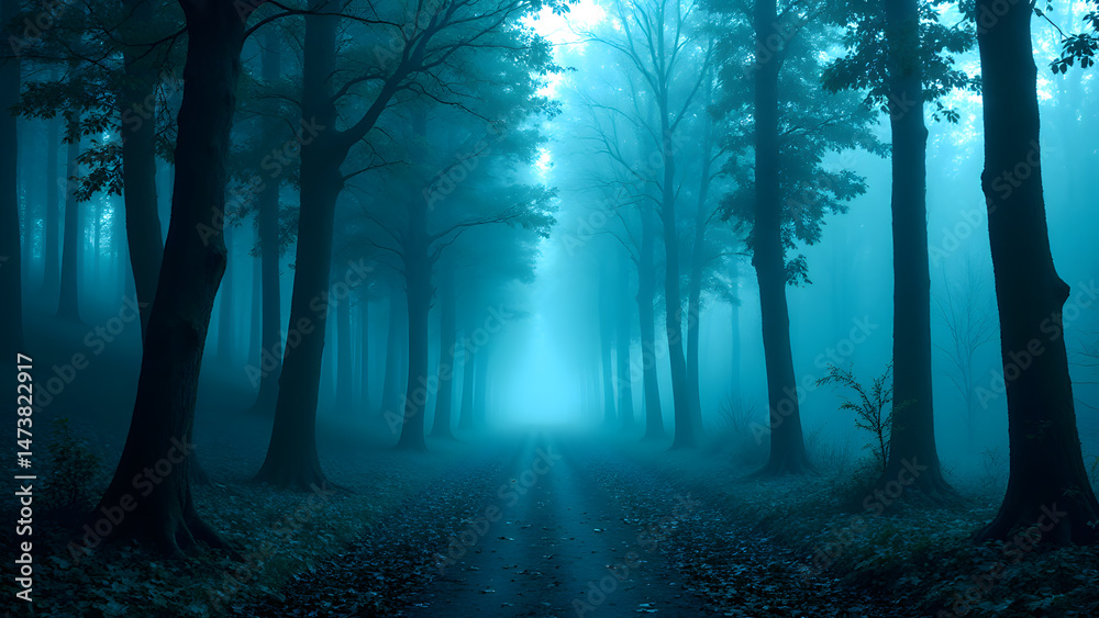 Obraz premium Mystical Forest Trail: A tranquil pathway disappears into the depths of an ethereal forest, shrouded in a gentle, cool-toned mist. The tall trees stand as silent guardians.