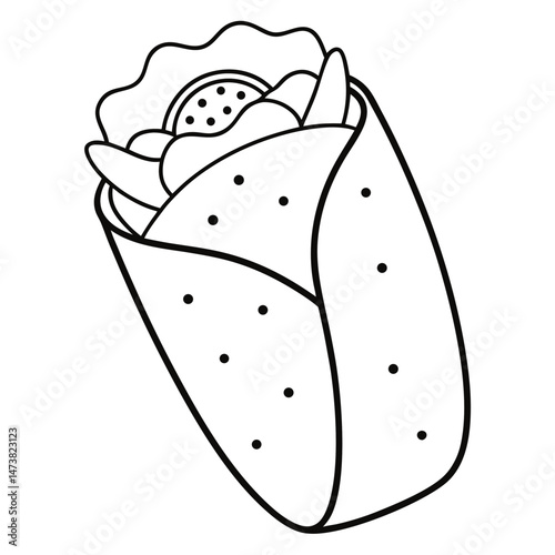 Burrito Outline for Food-Themed Coloring Book Page Featuring Mexican Cuisine and Wrapped Snack Elements