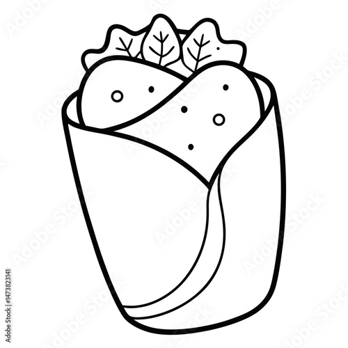Burrito Outline for Food-Themed Coloring Book Page Featuring Mexican Cuisine and Wrapped Snack Elements