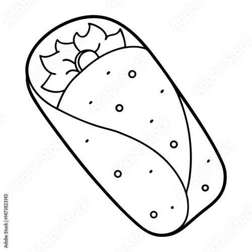 Burrito Outline for Food-Themed Coloring Book Page Featuring Mexican Cuisine and Wrapped Snack Elements