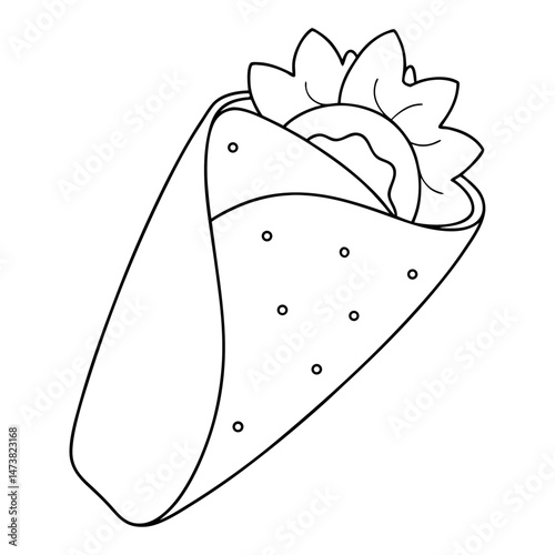 Burrito Outline for Food-Themed Coloring Book Page Featuring Mexican Cuisine and Wrapped Snack Elements