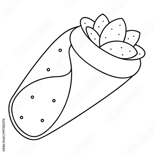 Burrito Outline for Food-Themed Coloring Book Page Featuring Mexican Cuisine and Wrapped Snack Elements