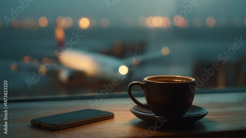 Short cinematic video of a hot coffee and smartphone on a café table by the airport window. A plane moves outside at dusk. Calm, peaceful atmosphere for travel, lifestyle, or ambient footage use.