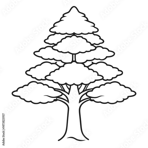 Cedar Tree Outline for Nature-Themed Coloring Book Page Featuring Evergreen Forest and Botanical Elements
