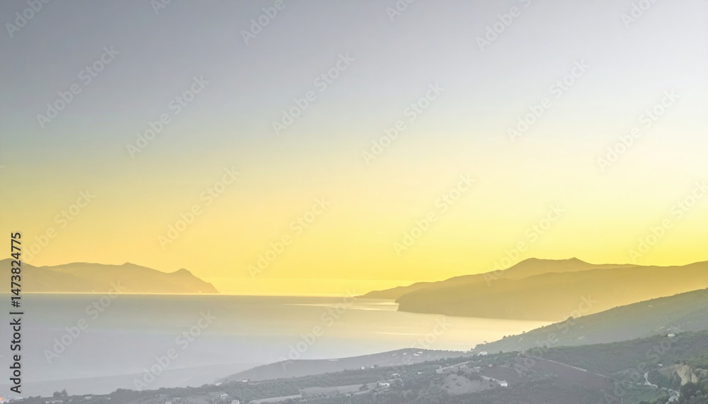 Fototapeta premium Serene sunset over coastal landscape santorini scenic view tranquil environment wide-angle perspective nature's beauty