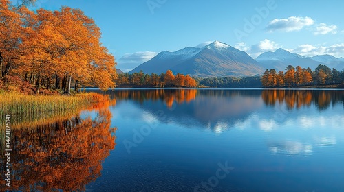 Tranquil lakes reflect the surrounding landscape like a mirror, their still surfaces creating a sense of perfect symmetry, a serene and picturesque scene