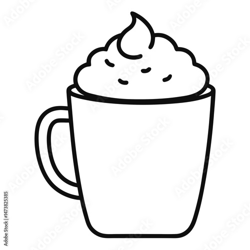 Cup of Beverage with Foam and Cream Outline for Cozy Coloring Book Page Featuring Hot Drink and Dessert Elements