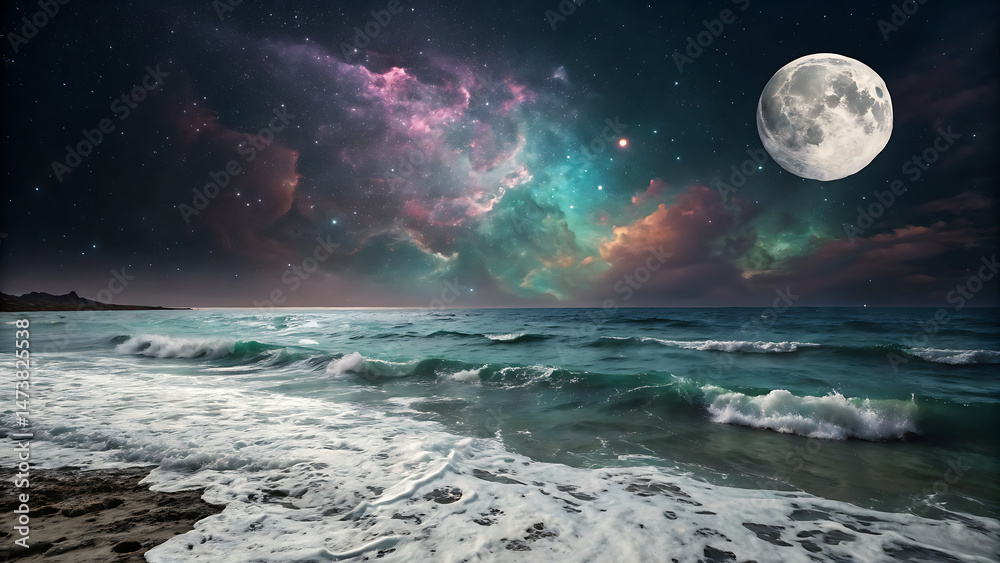 Obraz premium Full moon at night over the sea with ocean waves on isolated sandy beach