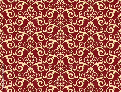 Wallpaper in the style of Baroque. Golden and red floral ornament. Seamless vector background. Graphic pattern for fabric, wallpaper, packaging. Ornate Damask flower illustration