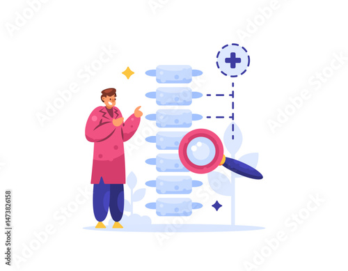 spine health concept. diagnosis and treatment of spinal disorders. Chiropractor or health professional. illustration of orthopedic doctor spine specialist with bone skeleton. flat style design
