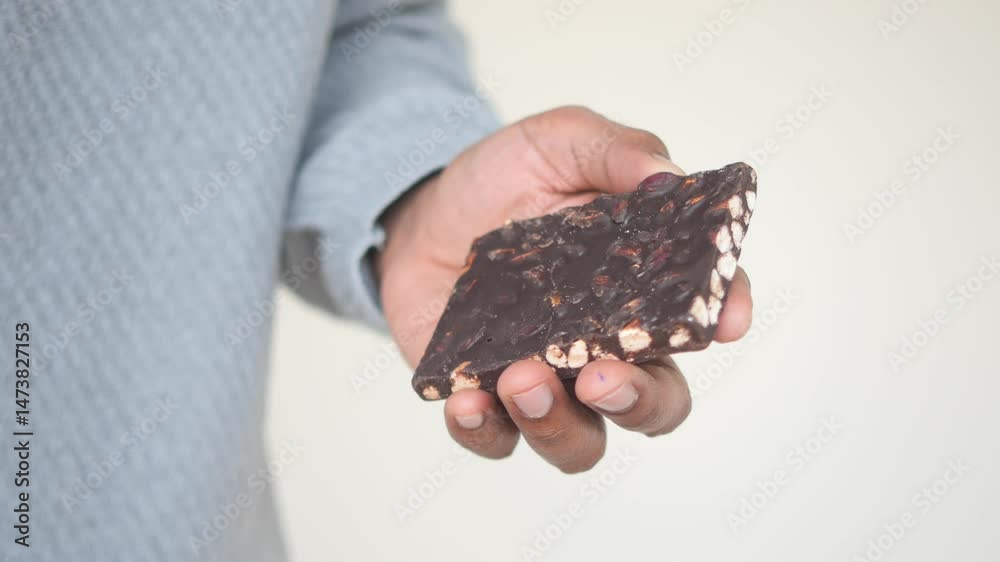 Unique chocolate bar made with cacao beans in artisan workshop
