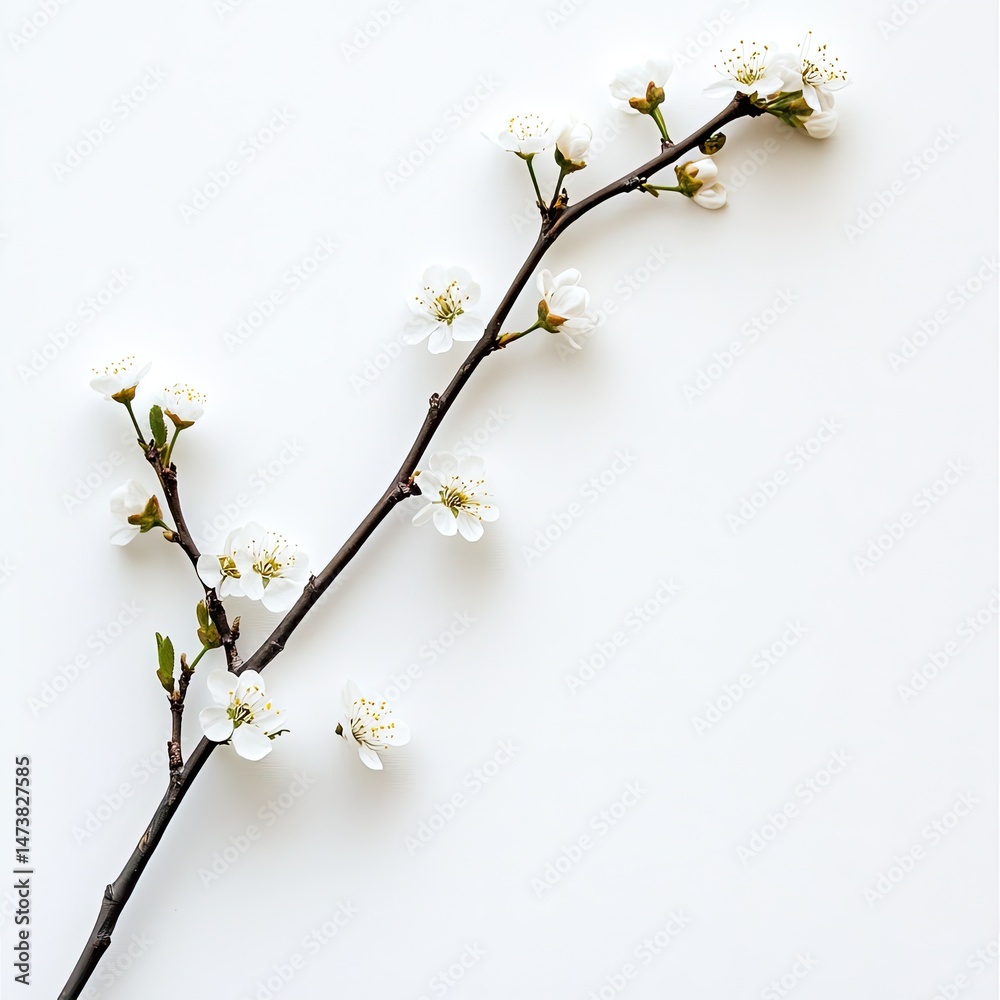 Obraz premium Delicate spring blossom branch against white backdrop
