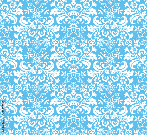 Floral pattern. Seamless vector background. Vintage wallpaper in the Baroque style. White and blue ornament for fabric, wallpaper, packaging. Ornate Damask flower illustration