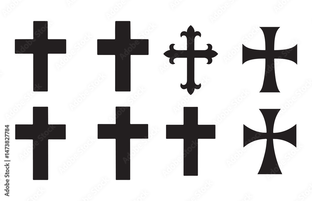 Fototapeta premium Silhouette Vector of Christian Cross Icon Set