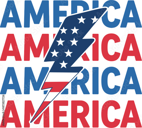 Bold America text repeated in red and blue with patriotic lightning bolt overlay
