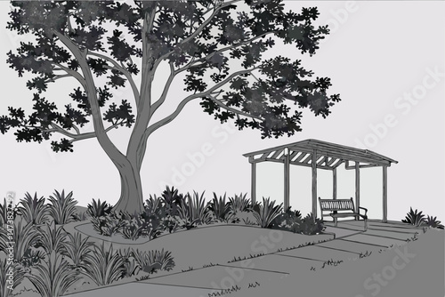 86 a landscape scene with a large tree, a covered bench, and a grassy area with plants, detailed volumetric 3d rendering, photorealistic, 8k resolution, highly detailed, cinematic lighting, unreal eng